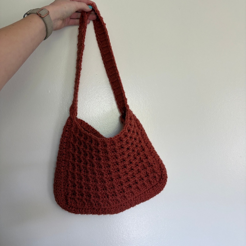 Handmade Crochet Shoulder Bag Rust Orange Waffle Stitch Boho Hobo Tote - Picture 5 of 5